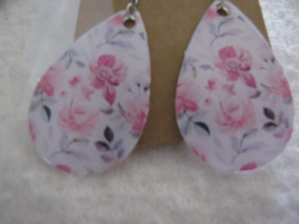Rose/Black Flower Teardrop Earrings
